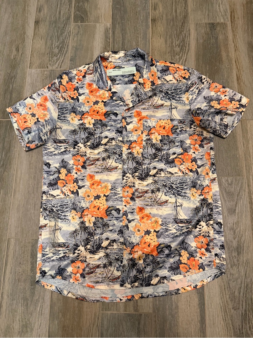 OFF-WHITE "PATTERN" Floral & Sailboat Printed Hawaiian Short-Sleeve Shirt